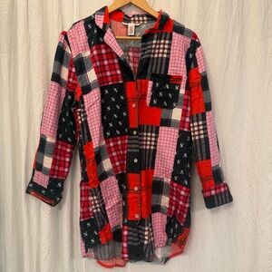 Victoria’s Secret Oversized Patchwork Flannel Cotton Sleep Shirt XS Pink Red
